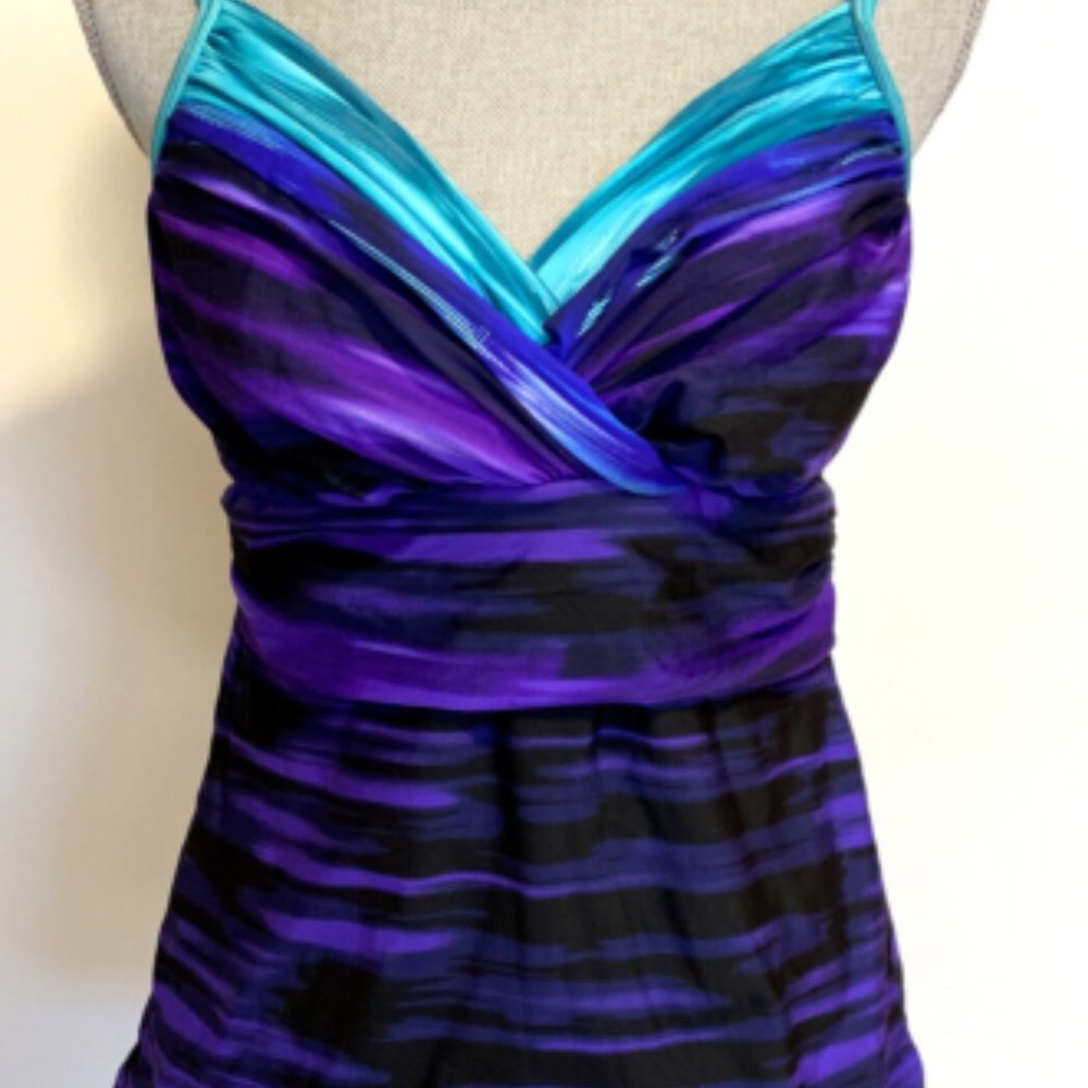 Miraclesuit Tankini Swim Top Size 10 - Purple/Black/Teal